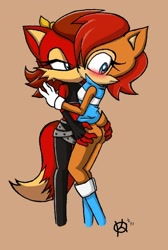 Size: 804x1200 | Tagged: suggestive, artist:kaya1231, fiona fox, sally acorn, 2013, beige background, blushing, butt, butt grab, duo, hand on another's butt, kiss, lesbian, lidded eyes, saliona, shipping, signature, simple background, standing