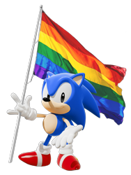 Size: 1690x2251 | Tagged: safe, artist:miniluv73, sonic the hedgehog, 2024, 3d, classic sonic, flag, holding something, looking at viewer, pride, pride flag, simple background, smile, solo, standing, transparent background