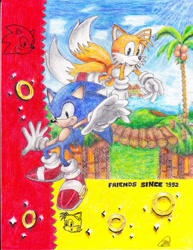 Size: 742x960 | Tagged: safe, artist:poppin7581, miles "tails" prower, sonic the hedgehog, sonic the hedgehog 2, 2013, abstract background, bridge, duo, emerald hill, english text, looking at viewer, palm tree, ring, smile, sparkles, traditional media