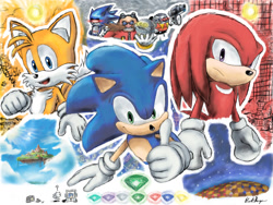 Size: 1600x1200 | Tagged: safe, artist:poppin7581, eggrobo, knuckles the echidna, mecha sonic, miles "tails" prower, robotnik, sonic the hedgehog, human, 2014, abstract background, angel island, blue spheres, chaos emerald, clothes, death egg, frown, group, master emerald, monitor, outline, robot, signature, smile, sonic the hedgehog 3, special stage, star (sky), traditional media