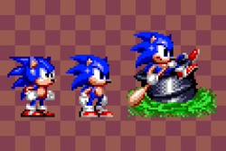 Size: 1200x800 | Tagged: safe, artist:maniamadnez, sonic the hedgehog, sonic spinball, 2024, checkered background, modern sonic, paddle, redraw, remake, sprite