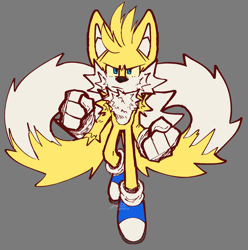 Size: 2038x2051 | Tagged: safe, artist:eloaholiveira, miles "tails" prower, super tails, 2023, blue shoes, clenched fists, flying, frown, grey background, looking offscreen, simple background, solo, super form, yellow sclera