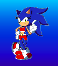 Size: 1895x2132 | Tagged: safe, artist:howteyoarts, sonic the hedgehog, 2023, crop top, gender swap, gradient background, hand on hip, looking at viewer, outline, pointing, shorts, smile, solo, standing