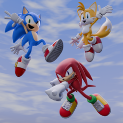 Size: 1920x1920 | Tagged: safe, artist:gameguybenn, knuckles the echidna, miles "tails" prower, sonic the hedgehog, sonic heroes, 2023, 3d, abstract background, clenched teeth, clouds, mid-air, mouth open, outdoors, redraw, remake, smile, team sonic, trio