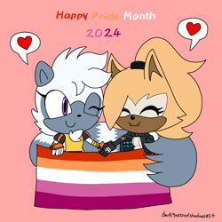 Size: 1280x1280 | Tagged: safe, artist:darkqueenofshadow85, tangle the lemur, whisper the wolf, 2024, chibi, cute, duo, english text, fangs, flag, flat colors, heart, holding hands, holding something, lesbian, lesbian pride, looking at them, pink background, pride, pride flag, shipping, signature, simple background, smile, tangabetes, tangle x whisper, whispabetes, wink