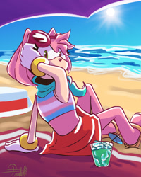 Size: 2048x2560 | Tagged: safe, artist:paintedimagery, amy rose, 2024, abstract background, beach, beach outfit, daytime, drink, looking at viewer, looking back, looking back at viewer, ocean, outdoors, signature, sitting, solo, sun, sunglasses, towel, trans female, trans pride, transgender, umbrella