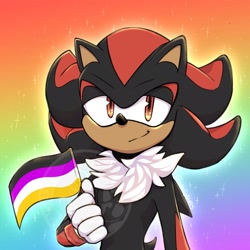 Size: 2047x2048 | Tagged: safe, artist:thelastlivingme, shadow the hedgehog, flag, gradient background, holding something, looking at viewer, nonbinary, nonbinary pride, obtrusive watermark, pride, pride flag, smile, solo, watermark