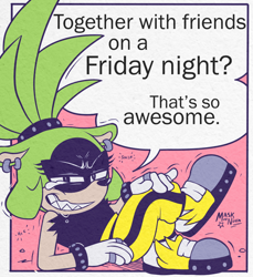 Size: 914x1000 | Tagged: safe, artist:maskofnova, surge the tenrec, alone on a friday night, dialogue, english text, looking at viewer, meme, redraw, sfx, signature, smile, solo, speech bubble, squinting, tears