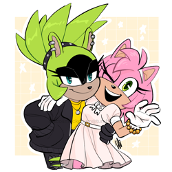 Size: 2048x2048 | Tagged: safe, artist:discosmackdown, amy rose, surge the tenrec, alternate outfit, border, duo, holding each other, lesbian, looking at viewer, one eye closed, outline, shipping, signature, smile, surgamy, watermark