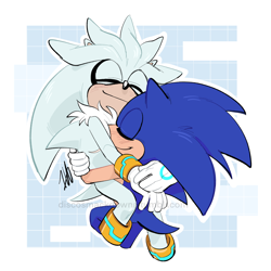 Size: 2048x2048 | Tagged: safe, artist:discosmackdown, silver the hedgehog, sonic the hedgehog, border, cute, duo, eyes closed, gay, hugging, outline, shipping, signature, smile, sonilver, top surgery scars, trans male, transgender, watermark
