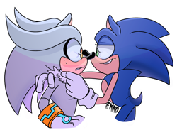 Size: 2048x1502 | Tagged: safe, artist:ekkoroshia, silver the hedgehog, sonic the hedgehog, arm around shoulders, blushing, clenched teeth, duo, gay, hand on another's face, lidded eyes, looking at each other, shipping, signature, simple background, smile, sonilver, sweatdrop, white background