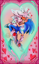 Size: 1894x3072 | Tagged: safe, artist:littletrash1027, silver the hedgehog, sonic the hedgehog, abstract background, blushing, cute, duo, eyes closed, gay, heart, holding each other, lidded eyes, looking at them, psychokinesis, shipping, smile, sonilver