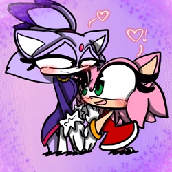 Size: 2048x2048 | Tagged: safe, artist:trinitybellaart, amy rose, blaze the cat, cat, hedgehog, 2024, amy x blaze, amy's halterneck dress, blaze's tailcoat, blushing, cute, female, females only, hearts, holding hands, lesbian, shipping