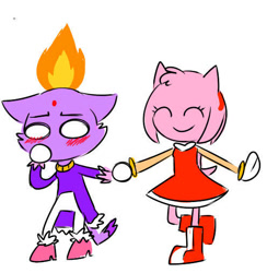 Size: 496x508 | Tagged: safe, artist:kittycosmonaut, amy rose, blaze the cat, cat, hedgehog, 2018, amy x blaze, amy's halterneck dress, blaze's tailcoat, blushing, cute, eyes closed, female, females only, flame, holding hands, lesbian, shipping, smile