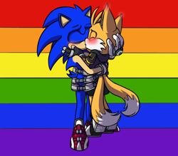 Size: 802x702 | Tagged: safe, artist:hyrulepirate, miles "tails" prower, nine, sonic the hedgehog, sonic prime, 2024, blushing, blushing ears, duo, eyes closed, gay, heart tail, holding something, kiss, nine x sonic, pride, pride flag, pride flag background, shipping, sonic prime s3, sonic x tails, standing