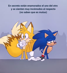 Size: 1870x2048 | Tagged: safe, artist:jeffydust, miles "tails" prower, sonic the hedgehog, 2024, abstract background, blushing, chest fluff, duo, gay, holding hands, lidded eyes, looking offscreen, older, one fang, shipping, smile, sonic x tails, spanish text, standing, sweatdrop