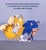 Size: 1870x2048 | Tagged: safe, artist:jeffydust, miles "tails" prower, sonic the hedgehog, 2024, abstract background, aged up, blushing, chest fluff, duo, gay, holding hands, lidded eyes, looking offscreen, older, one fang, shipping, smile, sonic x tails, spanish text, standing, sweatdrop