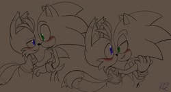Size: 1920x1032 | Tagged: safe, artist:riri_galpal, miles "tails" prower, nine, sonic the hedgehog, sonic prime, 2024, blushing, brown background, duo, gay, holding hands, holding them, lidded eyes, line art, looking at each other, mouth open, nine x sonic, shipping, signature, simple background, smile, sonic x tails, standing
