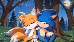 Size: 2048x1152 | Tagged: safe, ai art, miles "tails" prower, sonic the hedgehog, 2024, abstract background, arm around shoulders, blushing, cute, duo, flower, gay, grass, moon, nighttime, outdoors, prompter:stardreamsos, shipping, sitting, smile, sonic x tails, star (sky), tree, under a tree