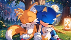 Size: 2048x1152 | Tagged: safe, ai art, miles "tails" prower, sonic the hedgehog, 2024, abstract background, blushing, cute, duo, flower, gay, grass, holding hands, light, moon, nighttime, outdoors, prompter:stardreamsos, shipping, sitting, smile, sonic x tails, star (sky), tree, under a tree