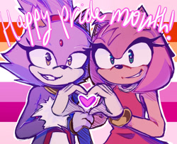 Size: 1953x1585 | Tagged: safe, artist:willymints, amy rose, blaze the cat, cat, hedgehog, 2024, amy x blaze, amy's halterneck dress, blaze's tailcoat, cute, female, females only, heart, heart hands, lesbian, lesbian pride, looking at viewer, pride, shipping, smile