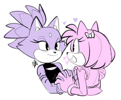 Size: 1497x1225 | Tagged: safe, artist:discosmackdown, amy rose, blaze the cat, cat, hedgehog, 2024, amy x blaze, cute, female, females only, hearts, holding hands, lesbian, looking at each other, shipping
