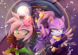 Size: 2048x1448 | Tagged: safe, artist:cylikaart, amy rose, blaze the cat, cat, hedgehog, 2020, amy x blaze, cute, female, females only, lesbian, looking at viewer, shipping
