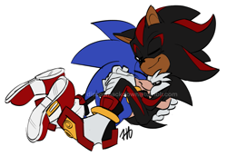 Size: 1415x975 | Tagged: safe, artist:discosmackdown, shadow the hedgehog, sonic the hedgehog, hedgehog, cute, duo, eyes closed, gay, hugging, shadow x sonic, shadowbetes, shipping, signature, simple background, smile, sonabetes, white background