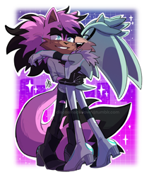 Size: 1726x2048 | Tagged: safe, artist:discosmackdown, silver the hedgehog, oc, oc:wayne the jackal, hedgehog, jackal, abstract background, canon x oc, cute, duo, gay, holding each other, outline, shipping, signature, smile, sparkles, standing, trans male, transgender