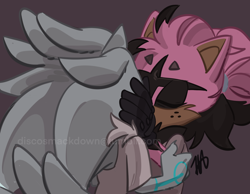 Size: 1620x1254 | Tagged: safe, artist:discosmackdown, silver the hedgehog, oc, oc:wayne the jackal, hedgehog, jackal, canon x oc, duo, eyes closed, gay, holding each other, kiss, purple background, shipping, signature, simple background, standing