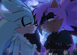 Size: 2048x1457 | Tagged: safe, artist:discosmackdown, silver the hedgehog, oc, oc:wayne the jackal, hedgehog, jackal, abstract background, canon x oc, duo, gay, hand under chin, lidded eyes, looking at each other, shipping, signature, smile, standing