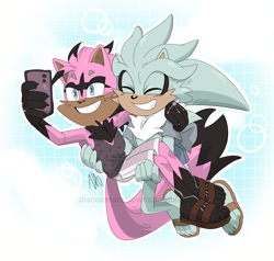Size: 1820x1732 | Tagged: safe, artist:discosmackdown, silver the hedgehog, oc, oc:wayne the jackal, hedgehog, jackal, canon x oc, carrying them, clothes, cute, duo, eyes closed, flying, gay, holding something, looking at camera, outline, phone, selfie, shipping, signature, smile, trans male, transgender