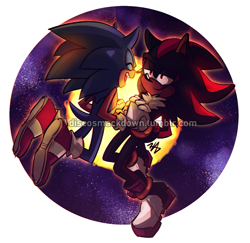 Size: 1019x990 | Tagged: safe, artist:discosmackdown, shadow the hedgehog, sonic the hedgehog, hedgehog, abstract background, cute, duo, eyes closed, flying, gay, holding hands, lidded eyes, looking at them, mid-air, outline, shadow x sonic, shipping, signature, smile, space, sun