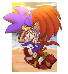 Size: 915x990 | Tagged: safe, artist:discosmackdown, knuckles the echidna, sonic the hedgehog, echidna, hedgehog, abstract background, beach, cute, daytime, duo, eyes closed, frown, gay, holding hands, knuxonic, lidded eyes, looking at them, outdoors, shipping, signature, smile, standing