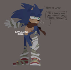 Size: 1452x1421 | Tagged: safe, artist:winkwonkblog, sonic the hedgehog, hedgehog, clenched teeth, dialogue, english text, frown, grey background, implied tails, lidded eyes, lineless, looking offscreen, offscreen character, signature, simple background, solo, sonic boom (tv), standing, top surgery scars, trans male, transgender