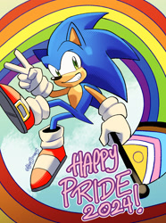 Size: 2048x2753 | Tagged: safe, artist:akarisandraws, sonic the hedgehog, 2024, clothes, english text, flag, gay pride, holding something, looking offscreen, mid-air, pride, pride flag, progress pride, signature, smile, solo, v sign