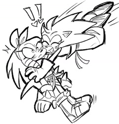 Size: 1693x1763 | Tagged: safe, artist:scribble0rat, knuckles the echidna, sonic the hedgehog, blushing, cute, duo, exclamation mark, eyes closed, frown, gender swap, hugging, knucklebetes, knuxonic, lesbian, line art, mid-air, r63 shipping, shipping, simple background, smile, sonabetes, standing, surprise hug, surprised, white background