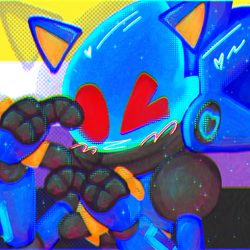 Size: 1000x1000 | Tagged: safe, artist:shadows-coffeebeans, blushing, chaos sonic, glitch, icon, looking at viewer, nonbinary, nonbinary pride, pride flag background, robot, solo, wink
