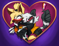 Size: 2048x1591 | Tagged: safe, artist:jane-trademark, tangle the lemur, whisper the wolf, blushing, duo, flag, heart, hugging, hugging from behind, lesbian, lesbian pride, pride, pride flag, shipping, smile, tail hold, tangabetes, tangle x whisper, whispabetes, wink