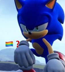 Size: 547x603 | Tagged: safe, editor:blu-ish, sonic the hedgehog, sonic frontiers, 3d, crouching, edit, lidded eyes, looking offscreen, meme, screenshot, solo, 🏳️‍🌈❓️