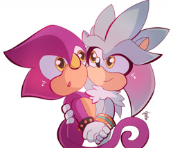 Size: 1509x1288 | Tagged: safe, artist:mittenslikescats, espio the chameleon, silver the hedgehog, :o, chibi, cute, duo, espibetes, gay, holding hands, looking at each other, mouth open, shipping, signature, silvabetes, silvio, simple background, smile, standing, white background