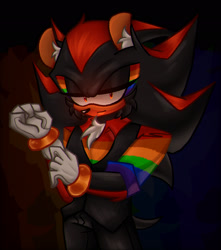 Size: 1808x2048 | Tagged: safe, artist:ellsintra, shadow the hedgehog, abstract background, chest fluff, clothes, ear fluff, face paint, fixing glove, lidded eyes, looking at viewer, pride, smile, solo, standing, suit