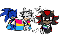 Size: 2048x1536 | Tagged: safe, artist:sonadow5life, shadow the hedgehog, silver the hedgehog, sonic the hedgehog, ace, aroflux, aroflux pride, asexual pride, cute, english text, eyes closed, face paint, frown, gay, headcanon, holding something, looking at viewer, mlm pride, pansexual, pansexual pride, pride, pride flag, shadowbetes, silvabetes, simple background, sketch, smile, sonabetes, trio, white background