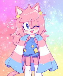 Size: 1250x1500 | Tagged: safe, artist:meowtheplushie, oc, oc:palette the cat, cat, abstract background, blushing, clothes, cute, femboy, flag, heart, holding something, looking at viewer, mouth open, ocbetes, pride, pride flag, smile, solo, sparkles, trans male, trans pride, transgender, wink