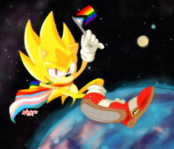 Size: 2048x1750 | Tagged: safe, artist:motivational-sonic, sonic the hedgehog, super sonic, abstract background, cape, flag, hand behind head, holding something, looking at viewer, pride, pride flag, progress pride, signature, smile, solo, space, star (sky), super form, trans pride