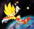 Size: 2048x1750 | Tagged: safe, artist:nanitecity, sonic the hedgehog, super sonic, hedgehog, 2024, abstract background, cape, flag, gay pride, hand behind head, holding something, legs crossed, looking at viewer, male, planet, pride, pride flag, progress pride, scar, signature, smile, solo, space, star (sky), super form, top surgery scars, trans boy sonic, trans male, trans pride, transgender, treads