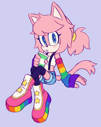 Size: 1174x1464 | Tagged: safe, artist:meowtheplushie, oc, oc:palette the cat, cat, blushing, drink, drinking, gay pride, holding something, looking at viewer, oc only, pride, pride flag, purple background, simple background, solo, trans male, transgender