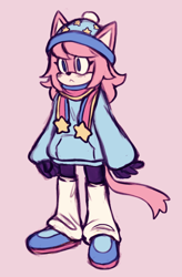 Size: 520x791 | Tagged: safe, artist:meowtheplushie, oc, oc:palette the cat, cat, :<, blushing, cute, frown, looking offscreen, ocbetes, pink background, simple background, solo, standing, trans male, transgender, winter outfit