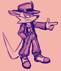 Size: 937x1093 | Tagged: safe, artist:meowtheplushie, nack the weasel, alternate outfit, hand in pocket, lidded eyes, looking offscreen, monochrome, pointing, simple background, smile, solo, standing, suit