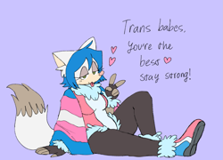 Size: 1419x1019 | Tagged: safe, artist:yuki-chan98, oc, fox, english text, heart, lidded eyes, looking at viewer, oc only, pride, pride flag, purple background, simple background, sitting, smile, solo, tongue out, trans pride, v sign